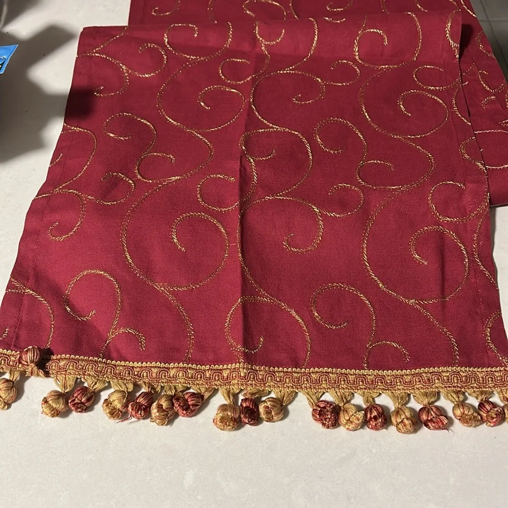 Bovi Italian dark cherry and gold embroidered table runner w tassels